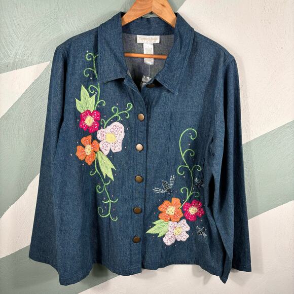 Tapestry Patch Women Shacket Size Large Vintage Cotton Floral Embroidered Denim - Picture 9 of 10